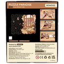 Back of package of the Robotime Cozy Winter Café, wooden puzzle of a café in winter with unusual pieces