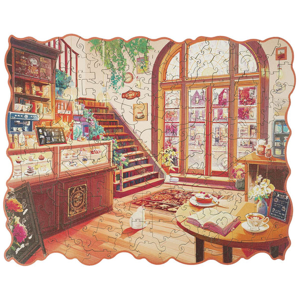 Product photo of the Robotime Cozy Winter Café, wooden puzzle of a café in winter with unusual pieces