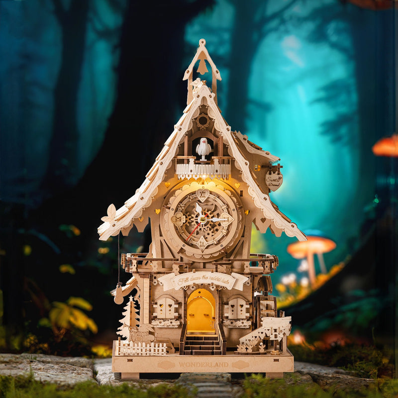 The Robotime Cuckoo Clock in natural wood colors in a dark forest