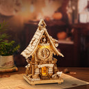The Robotime Cuckoo Clock made of natural wood in a room with a rustic look