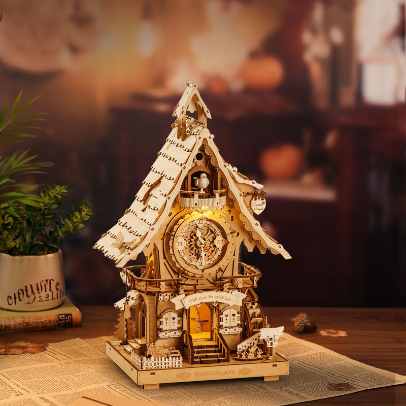 The Robotime Cuckoo Clock made of natural wood in a room with a rustic look