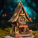 Atmospheric presentation of the Robotime Cuckoo Clock, wooden construction set of a cuckoo clock with Alice in Wonderland theme