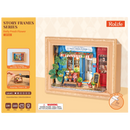 Front of package of the Robotime Daily Fresh Flower, diorama in a frame of an old-fashioned shop with flowers and plants