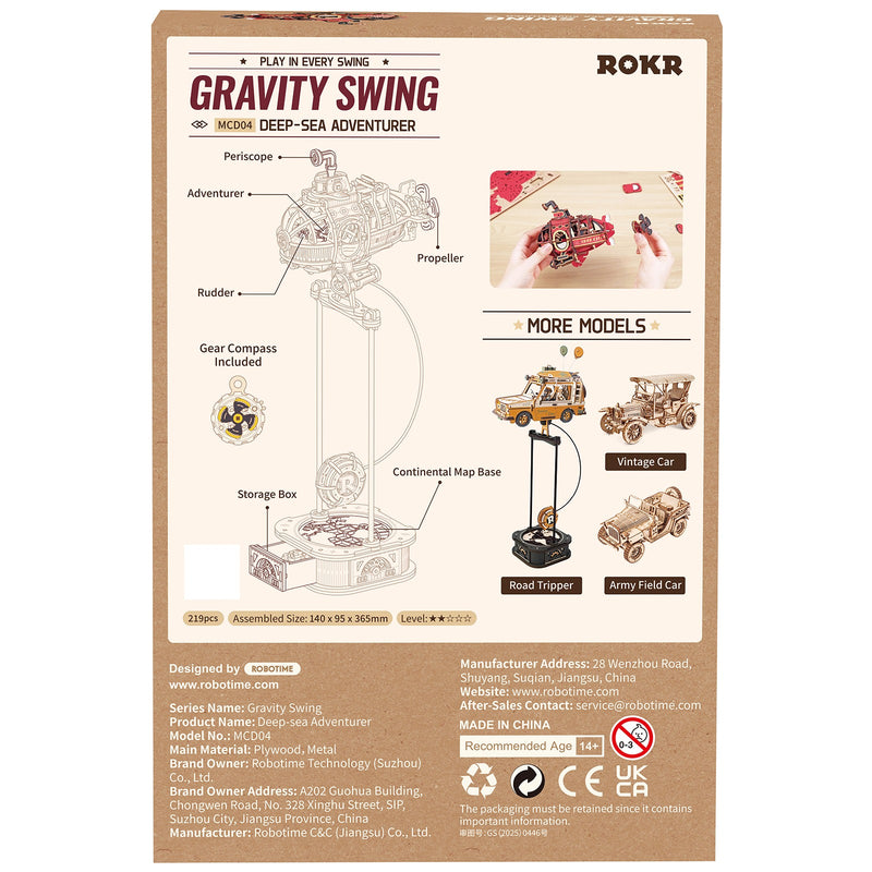 Back of package of the Robotime Deep-Sea Adventurer, wooden construction set of a rocking submarine