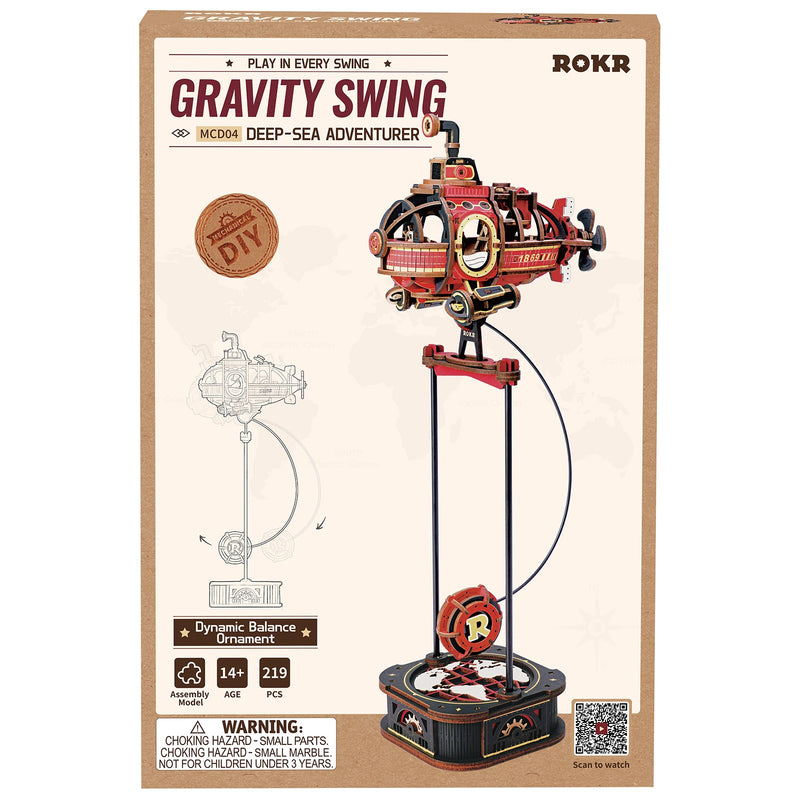 Front of package of the Robotime Deep-Sea Adventurer, wooden construction set of a rocking submarine