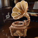Atmospheric presentation of the Robotime Diva Gramophone, wooden construction kit for a music box shaped like an old-fashioned record player