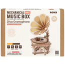 Front of package of the Robotime Diva Gramophone, wooden construction kit for a music box shaped like an old-fashioned record player