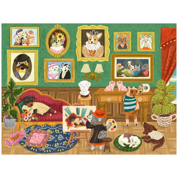 Product photo of the Robotime Doggie Art Gallery, 1,000-piece jigsaw puzzle of a painting depicting dogs in a room with art
