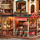 Close-up of the coffee bar on the facade of the Robotime Dream Coffee Factory