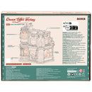 Back of package of the Robotime Dream Coffee Factory, wooden construction kit of a cozy coffee factory with lights, sounds, and moving parts where coffee is served