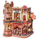 Product photo of the Robotime Dream Coffee Factory, wooden construction kit of a cozy coffee factory with lights, sounds, and moving parts where coffee is served
