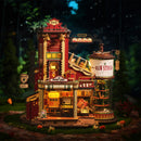 Atmospheric presentation in the dark of the Robotime Dream Gift Factory, wooden construction set of a factory producing Christmas presents