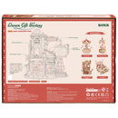 Back of package of the Robotime Dream Gift Factory, wooden construction set of a factory producing Christmas presents