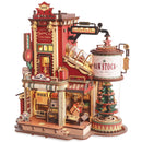 Product photo of the Robotime Dream Gift Factory, wooden construction set of a factory producing Christmas presents