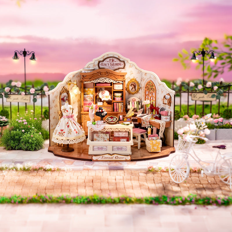 Atmospheric presentation of the Robotime Elsa’s Tailoring, DIY miniature house of a cute sewing workshop