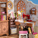 Details of the sewing table, cabinets, and sewing accessories from Robotime Elsa's Tailoring