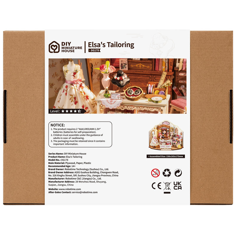 Back of package of the Robotime Elsa’s Tailoring, DIY miniature house of a cute sewing workshop