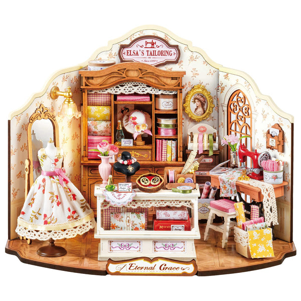 Product photo of the Robotime Elsa’s Tailoring, DIY miniature house of a cute sewing workshop