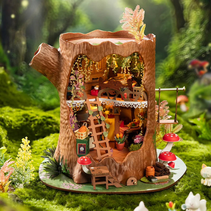 Atmospheric presentation of the Robotime Fairytale Tree House, construction kit for a miniature two-story house in a hollow tree trunk