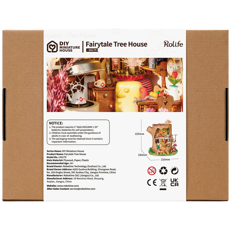 Back of package of the Robotime Fairytale Tree House, construction kit for a miniature two-story house in a hollow tree trunk