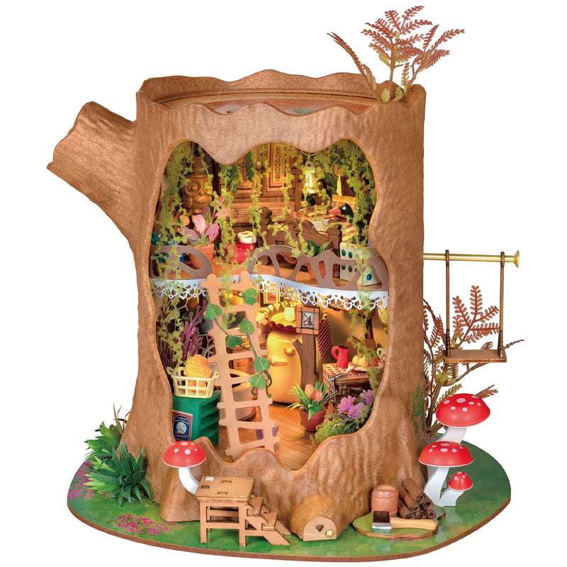 Product photo of the Robotime Fairytale Tree House, construction kit for a miniature two-story house in a hollow tree trunk