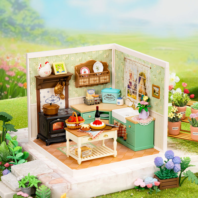 Atmospheric presentation of the Robotime Farmhouse Kitchen, plastic miniature kitchen in vintage country style