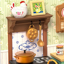 Stove with pan and accessories and shelf above with decoration from Robotime Farmhouse Kitchen