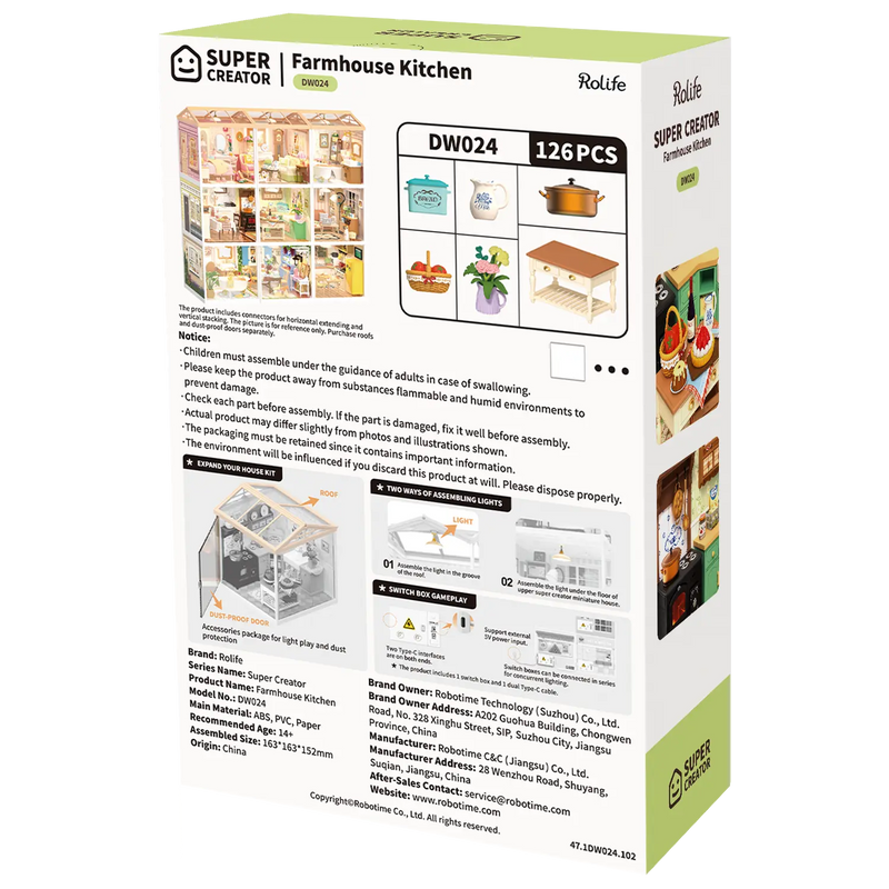 Back of package of the Robotime Farmhouse Kitchen, plastic miniature kitchen in vintage country style