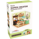 Front of package of the Robotime Farmhouse Kitchen, plastic miniature kitchen in vintage country style