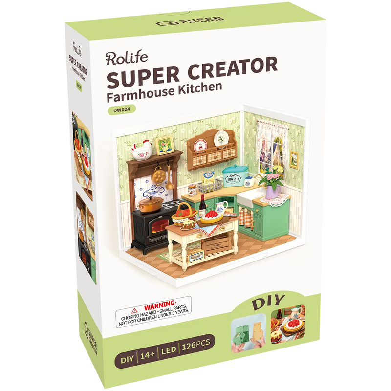 Front of package of the Robotime Farmhouse Kitchen, plastic miniature kitchen in vintage country style