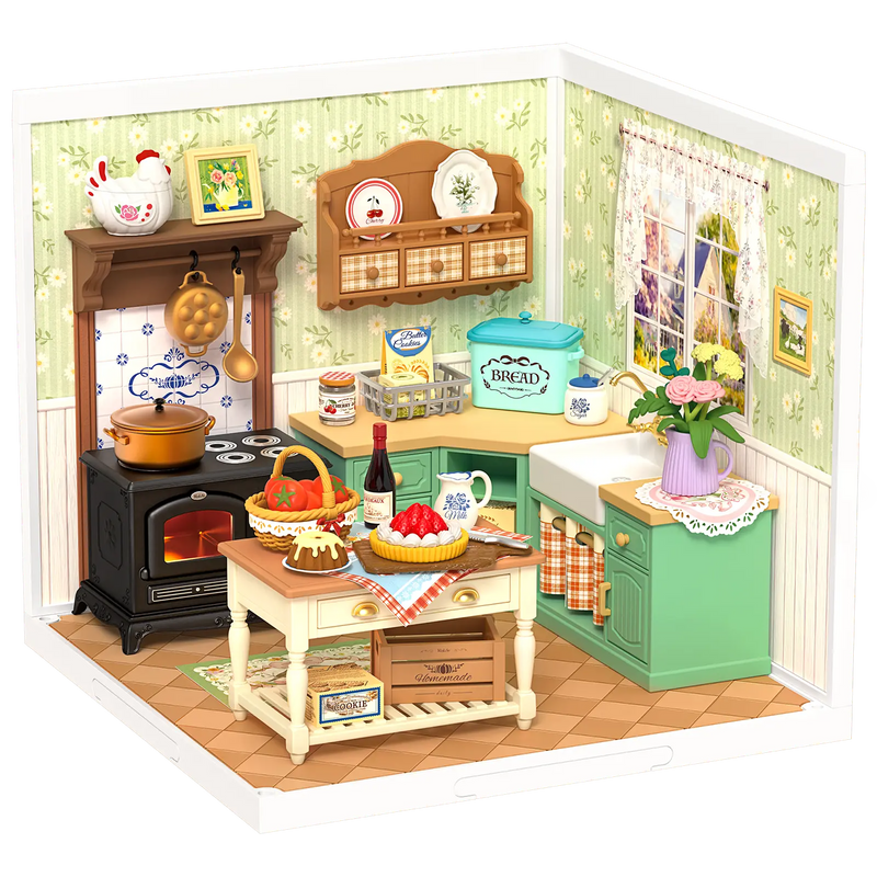 Product photo of the Robotime Farmhouse Kitchen, plastic miniature kitchen in vintage country style