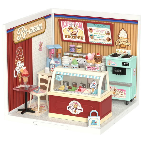 Product photo of the Robotime Flavorful Ice Cream, plastic miniature house of an ice cream shop