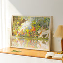 Atmospheric presentation of the Robotime Forest Party, 1,000-piece jigsaw puzzle of mysterious small creatures and a large puppy in the forest, reflected in the water