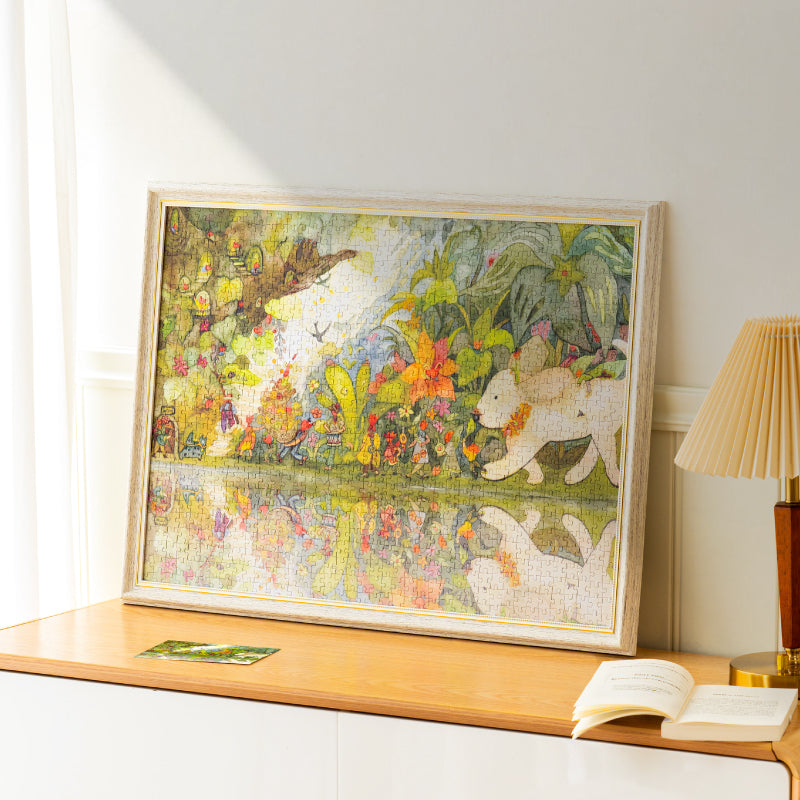 Atmospheric presentation of the Robotime Forest Party, 1,000-piece jigsaw puzzle of mysterious small creatures and a large puppy in the forest, reflected in the water