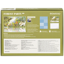 Back of package of the Robotime Forest Party, 1,000-piece jigsaw puzzle of mysterious small creatures and a large puppy in the forest, reflected in the water