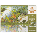 Front of package of the Robotime Forest Party, 1,000-piece jigsaw puzzle of mysterious small creatures and a large puppy in the forest, reflected in the water