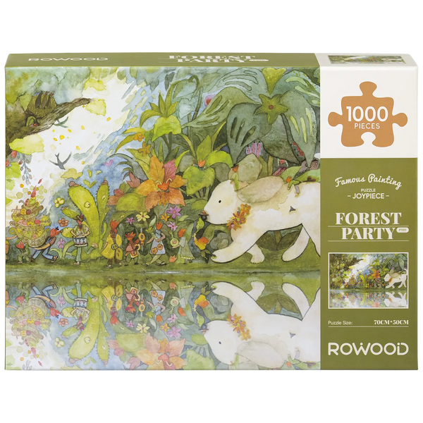 Front of package of the Robotime Forest Party, 1,000-piece jigsaw puzzle of mysterious small creatures and a large puppy in the forest, reflected in the water