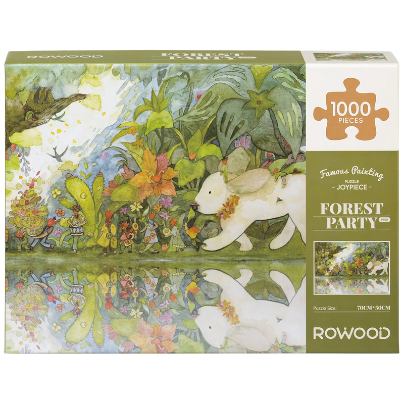 Front of package of the Robotime Forest Party, 1,000-piece jigsaw puzzle of mysterious small creatures and a large puppy in the forest, reflected in the water