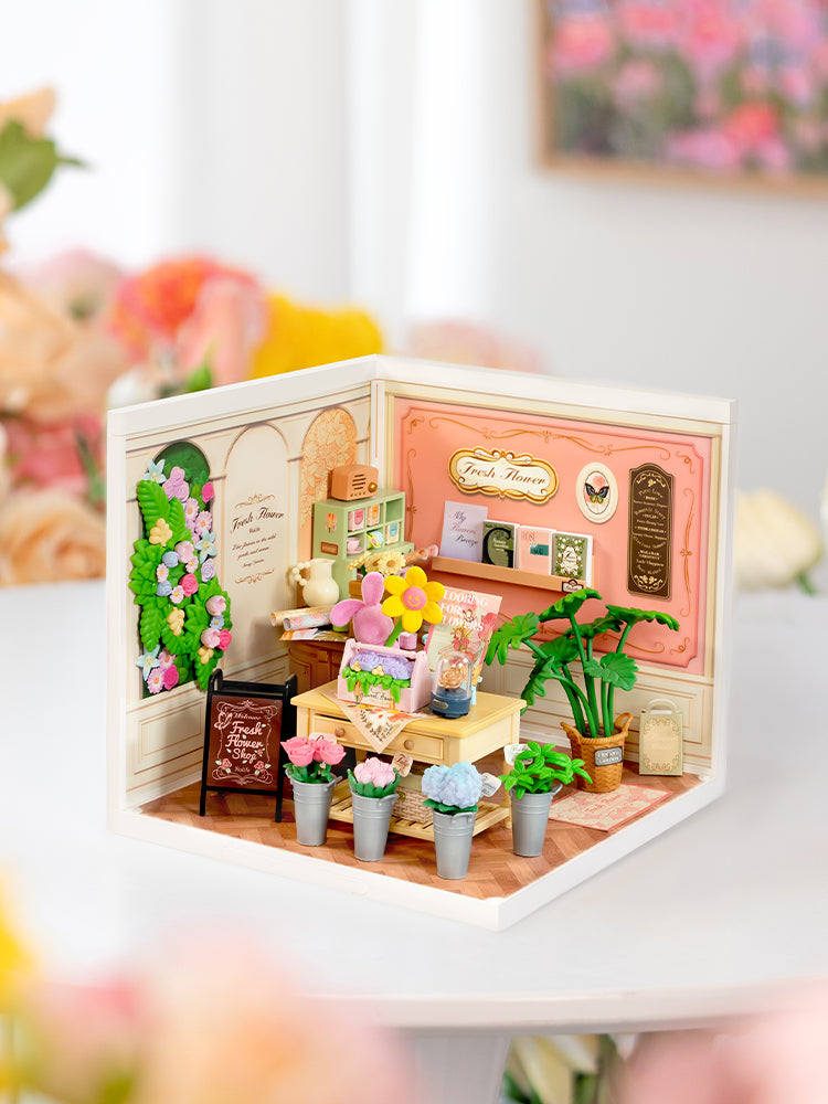 Atmospheric presentation of the Robotime Fresh Flower Shop, plastic miniature house of a cozy flower shop