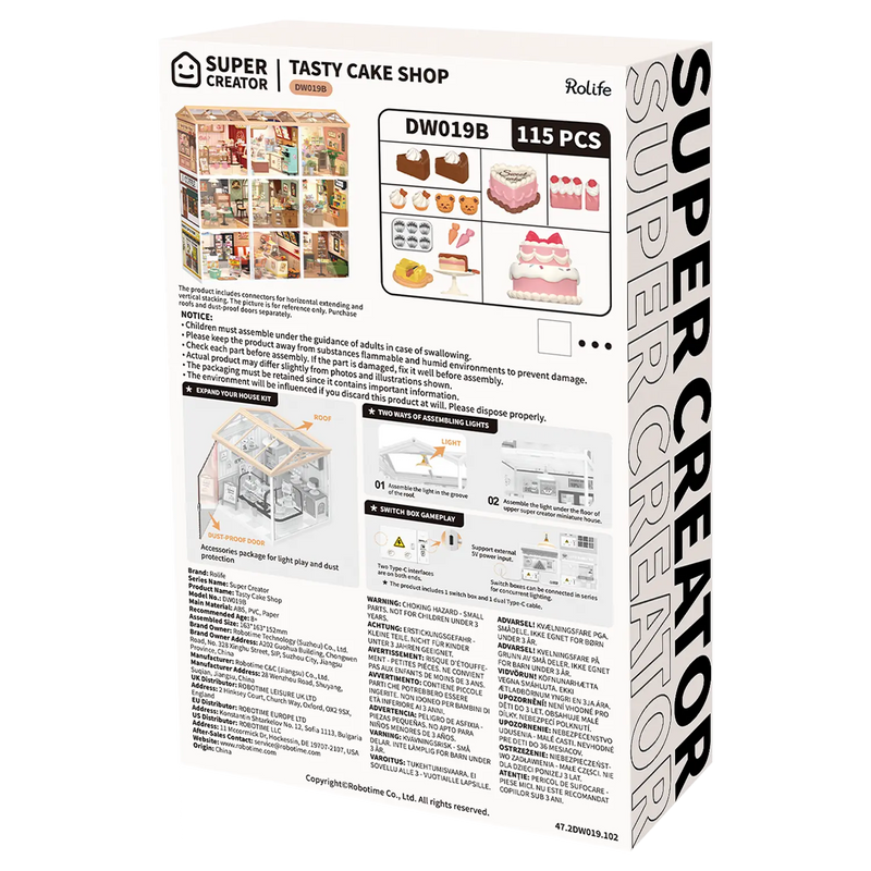 Back of package of the Robotime Fresh Flower Shop, plastic miniature house of a cozy flower shop