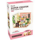 Front of package of the Robotime Fresh Flower Shop, plastic miniature house of a cozy flower shop