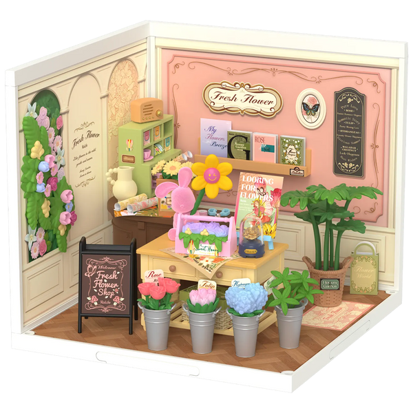 Product photo of the Robotime Fresh Flower Shop, plastic miniature house of a cozy flower shop