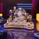 Atmospheric presentation of the Robotime Gear Ball Challenge, wooden construction set of a dexterity game with marbles