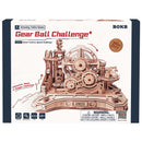 Front of package of the Robotime Gear Ball Challenge, wooden construction set of a dexterity game with marbles