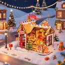 Atmospheric presentation of the Robotime Gingerbread House, miniature house of a gingerbread house in Christmas theme