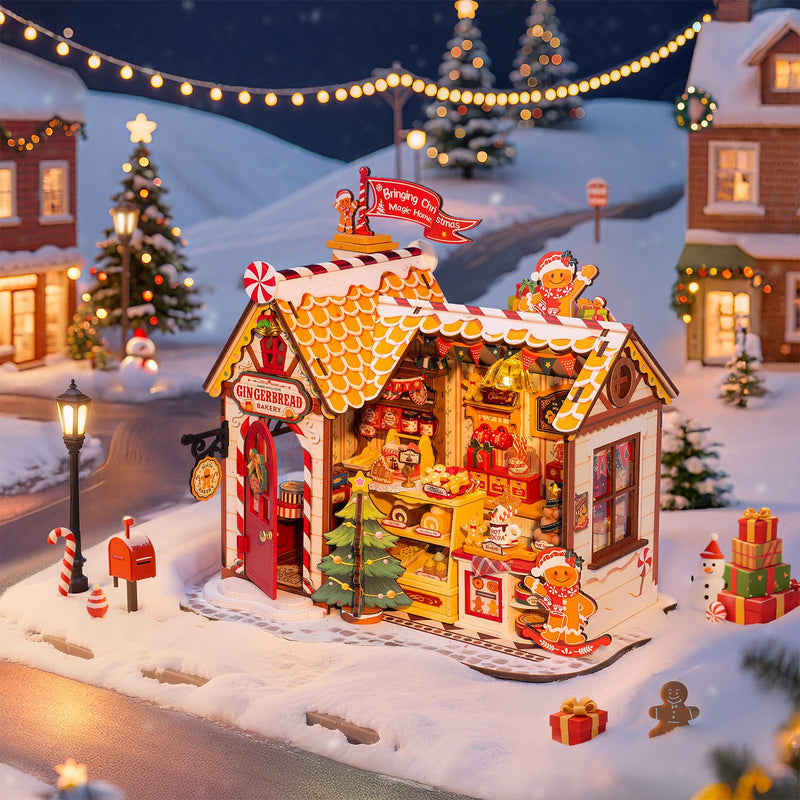 Atmospheric presentation of the Robotime Gingerbread House, miniature house of a gingerbread house in Christmas theme