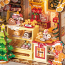Detail of the counter with typical Christmas treats in the Robotime Gingerbread House