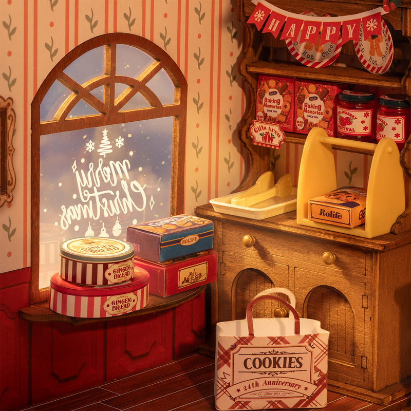 Close-up of products and a window in the Robotime Gingerbread House