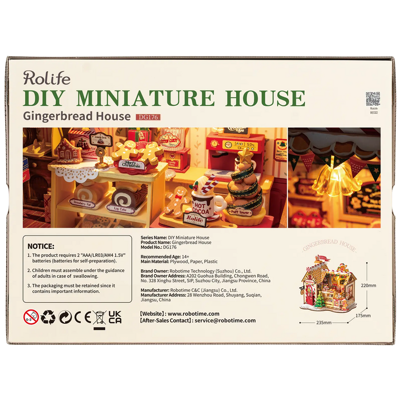 Back of package of the Robotime Gingerbread House, miniature house of a gingerbread house in Christmas theme