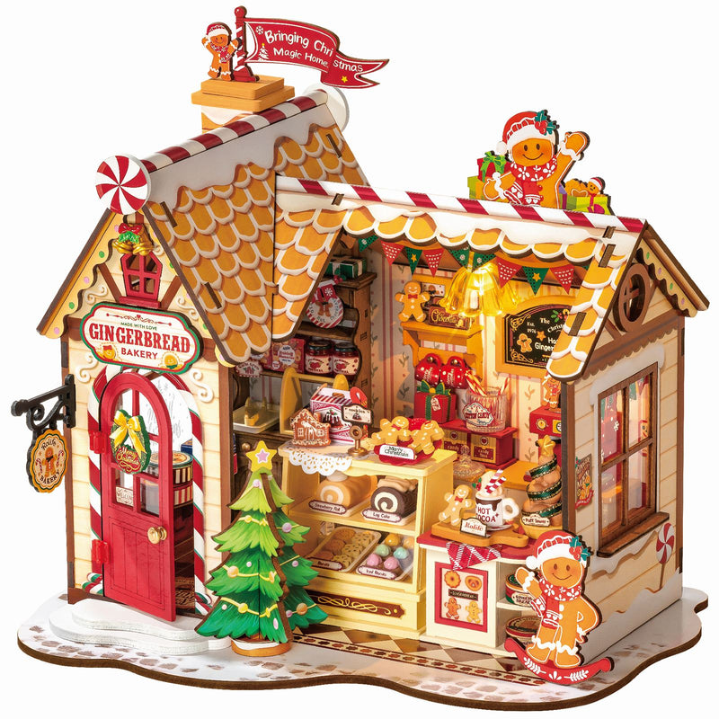 Product photo of the Robotime Gingerbread House, miniature house of a gingerbread house in Christmas theme